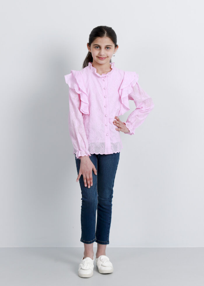 Kids Girl Eyelet Embroidery Design Shirt - Image 1