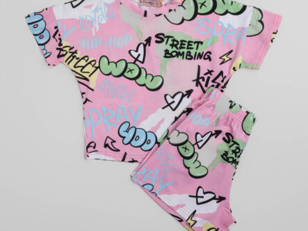 بيجامة أطفال بيبي بناتي قطعتين بكتابات مطبوعة