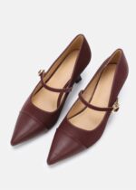 Women Leather and Striped Fabric Heels Shoes - Image 2