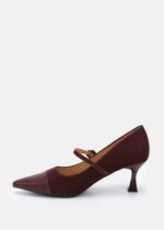 Women Leather and Striped Fabric Heels Shoes - Image 5