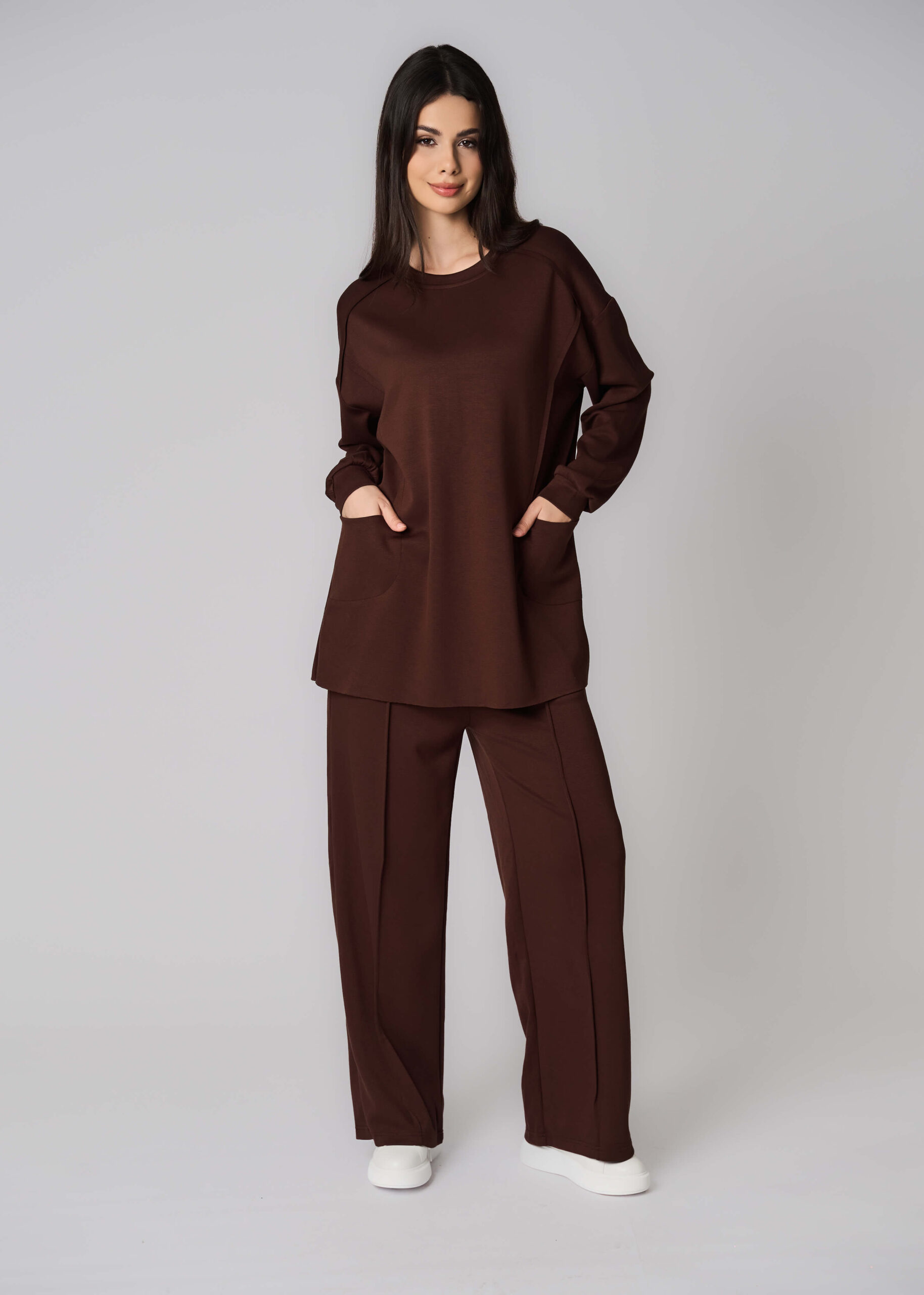 6225216010416-x Women Plain Scuba Fabric Long Blouse - Image 1