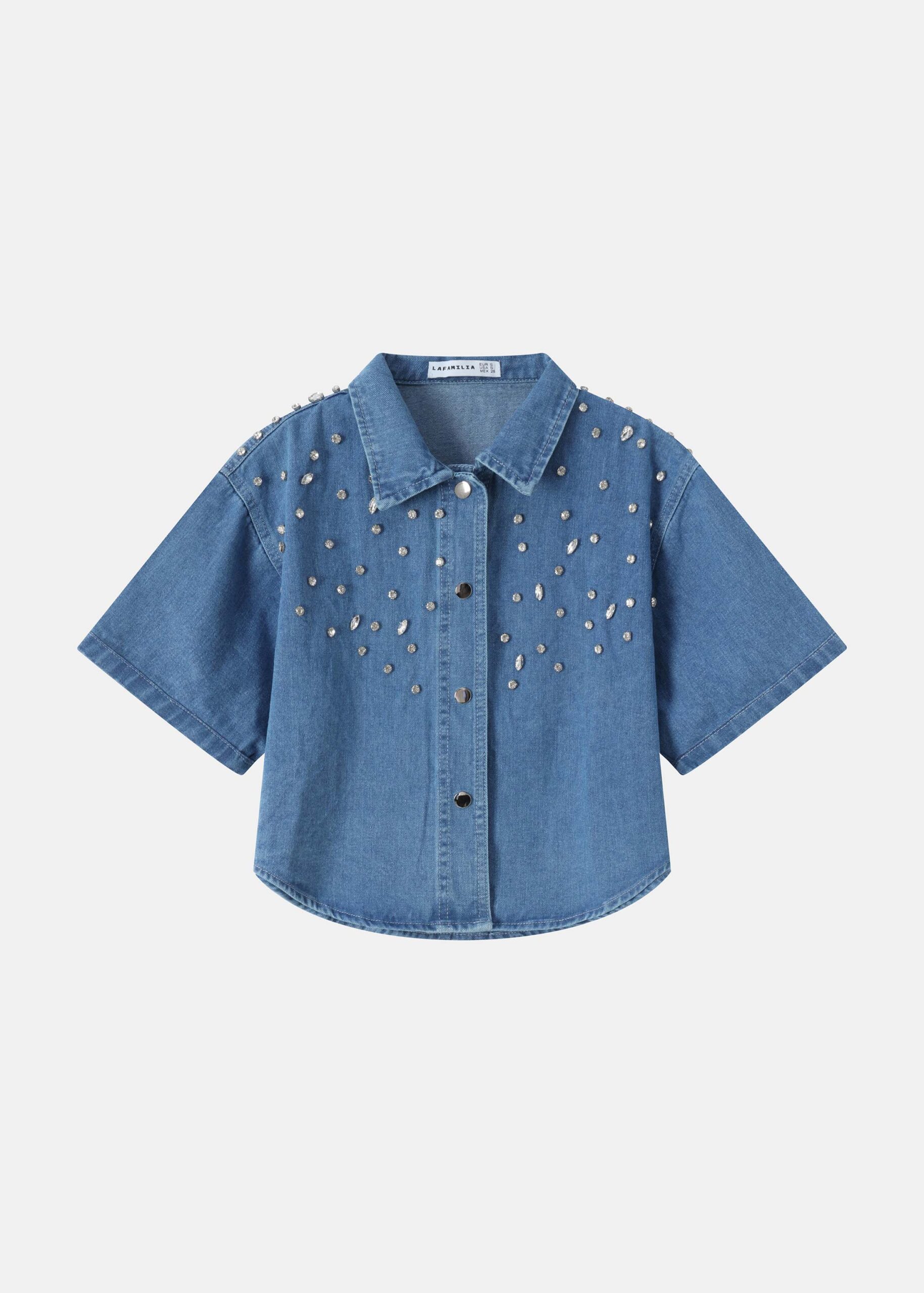 Women Rhinestones Denim Shirt