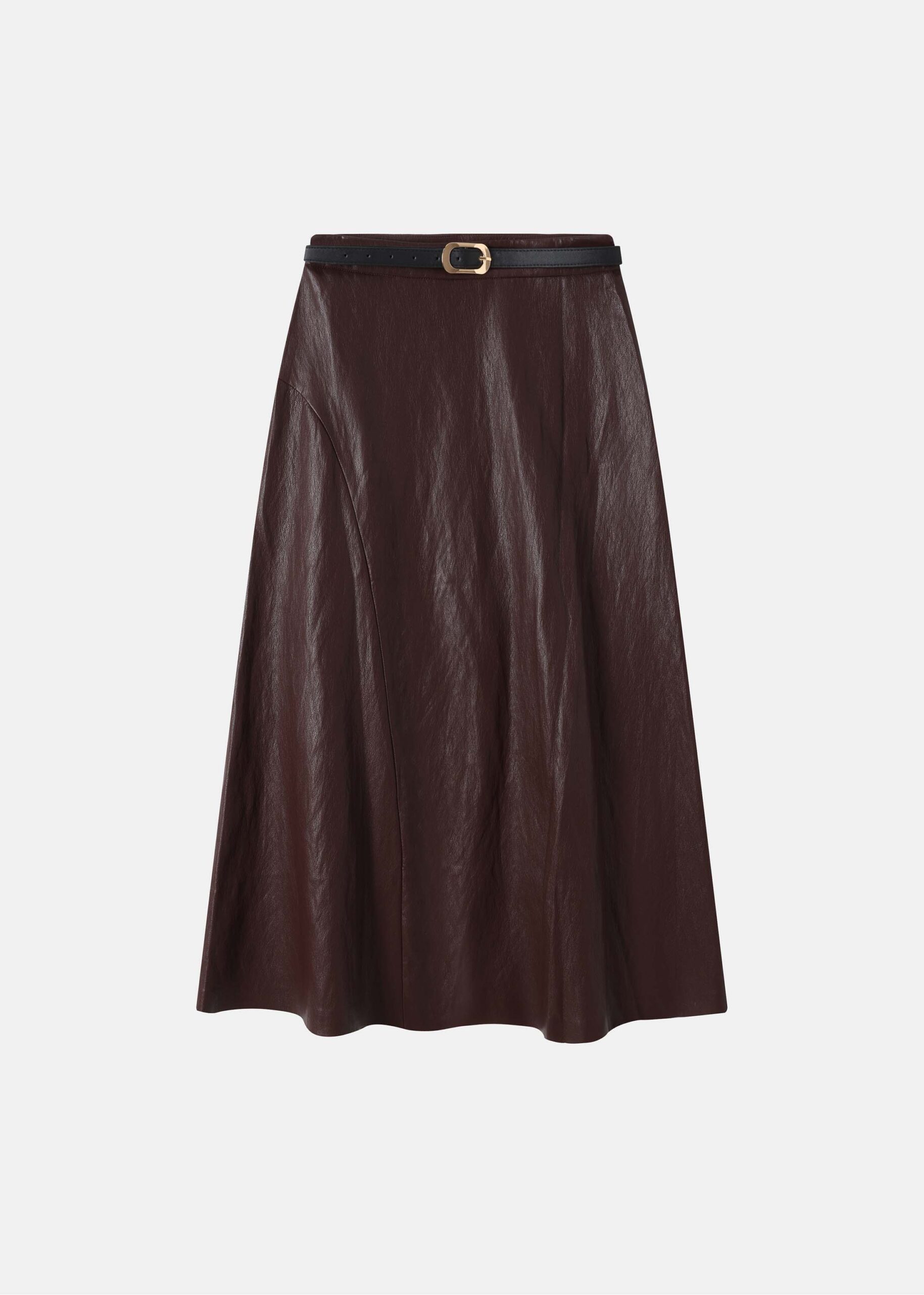 Women Belted Leather Midi Skirt