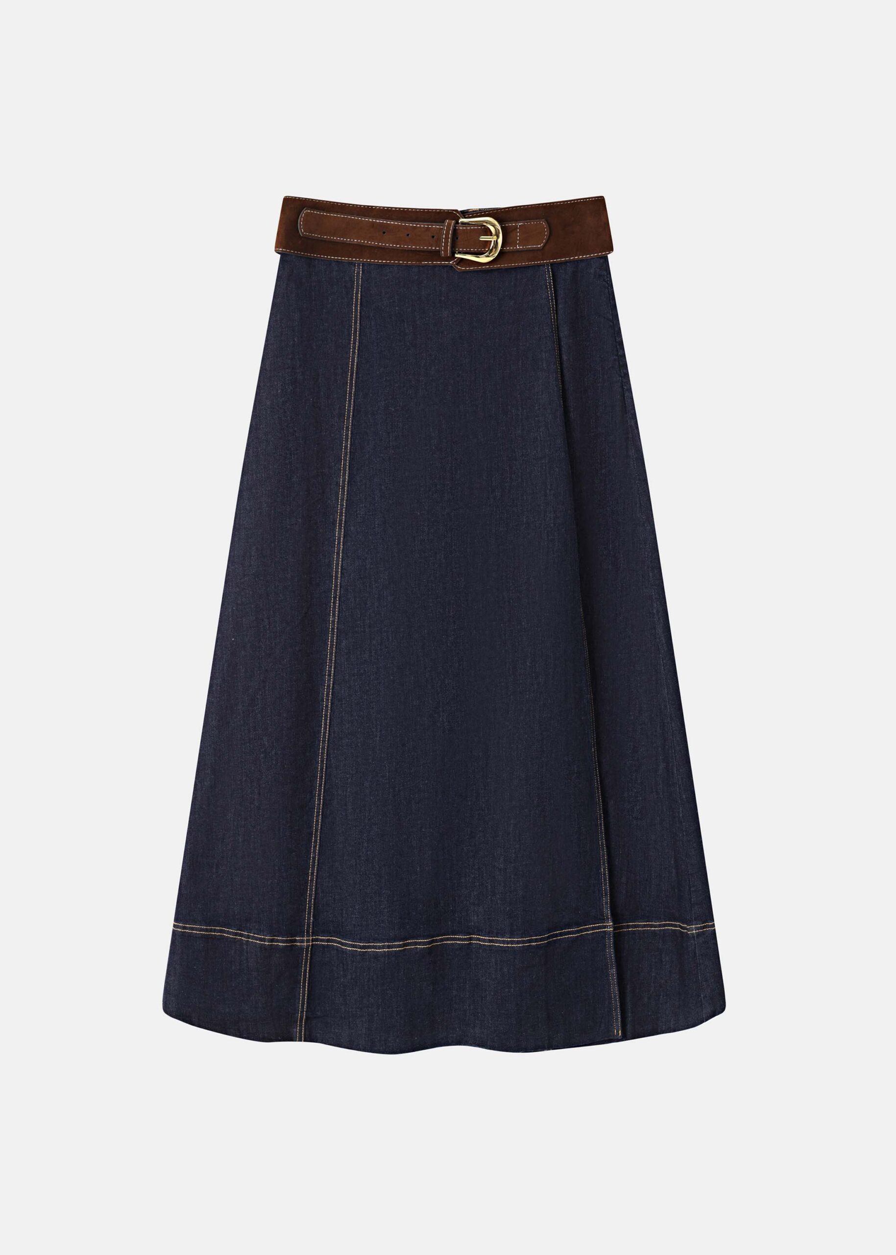 Women Belted Denim Midi Skirt