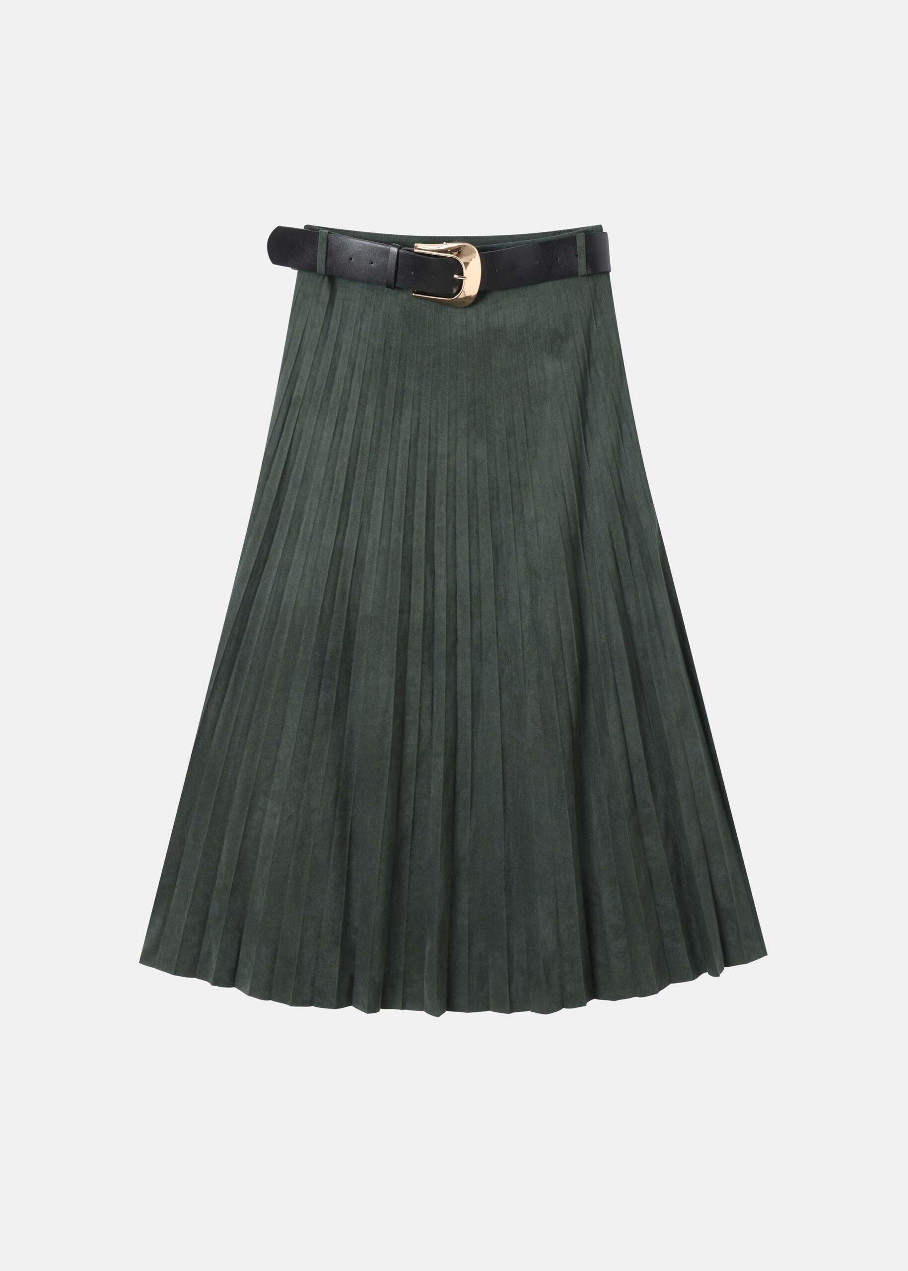 Women Belted Suede Pleated Midi Skirt