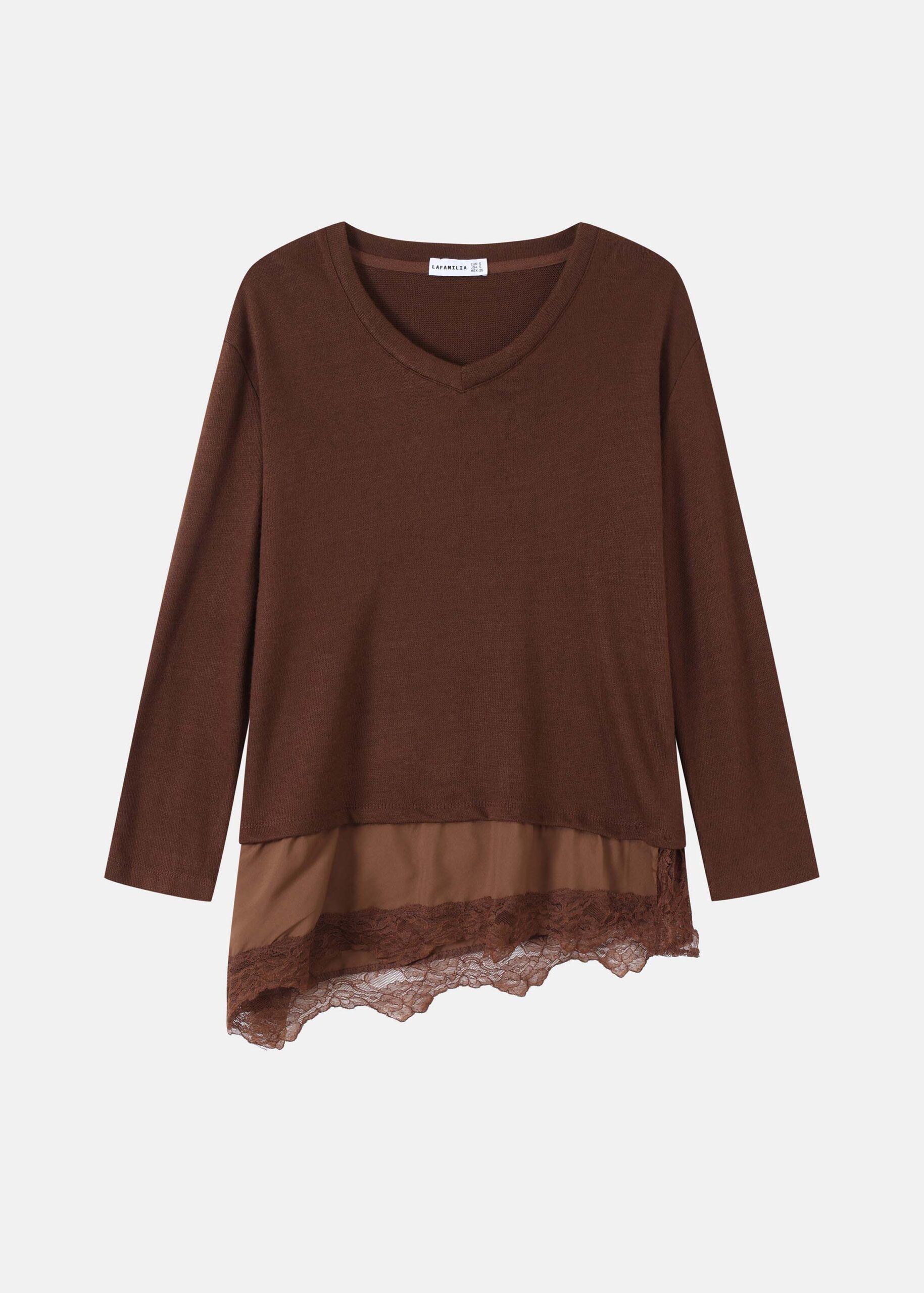 Women V-Neck Top with Lace Trim